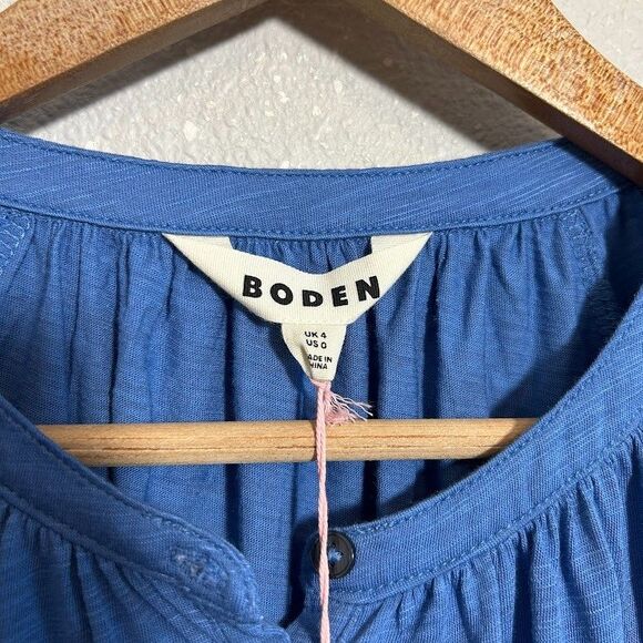 NEW Boden Isla Jersey Shirt US 0 Blue Button Front Short Puff Sleeve Stretch NWT - Picture 6 of 8